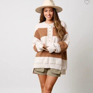 Fantastic Fawn Striped Lightweight Knit Oversized Button-Up Sweater